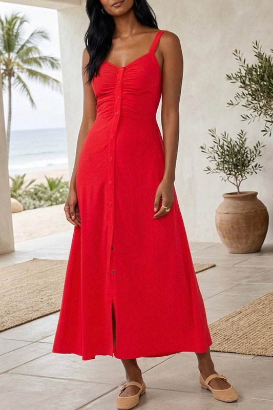 Ruched Button Front  A-Line Maxi Dress