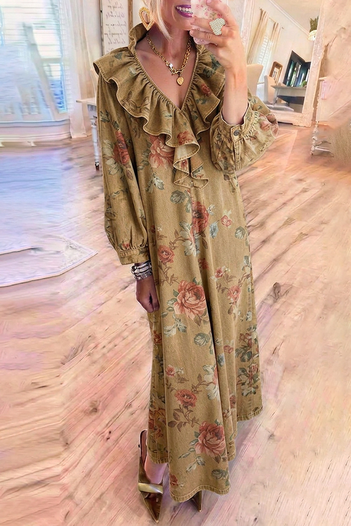 Floral Ruffle Neck Puff Long Sleeve Denim Maxi Dress