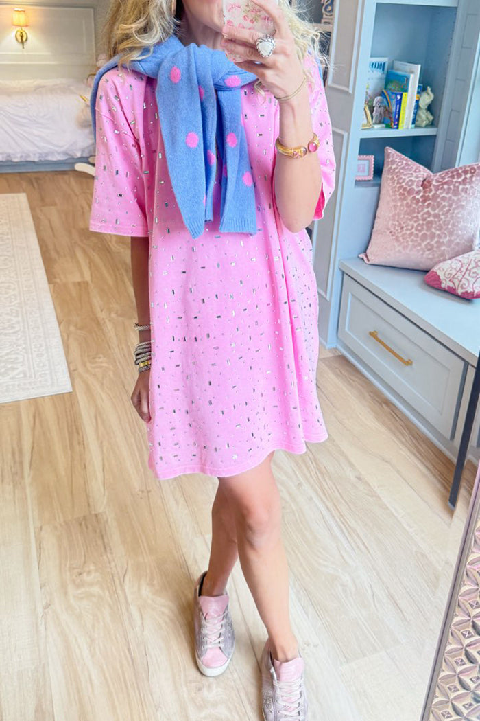 Short Sleeve Pink Jeweled Shirt Dress