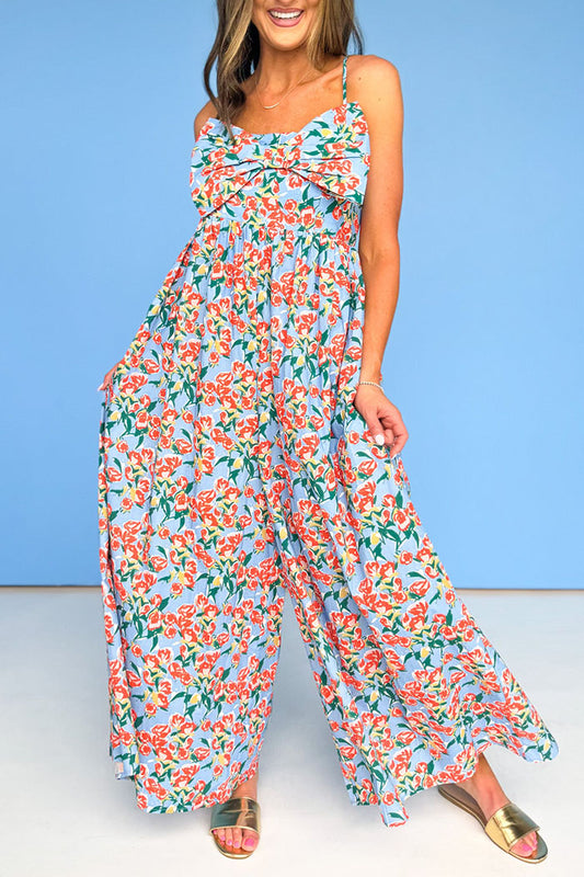 Floral Print Suspenders Bow Jumpsuit