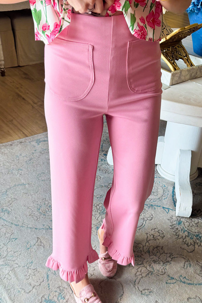 Pocketed Pink Ruffle Hem Pants