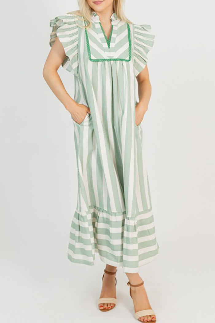 Stripe Flutter Sleeve Pocket Maxi Dress