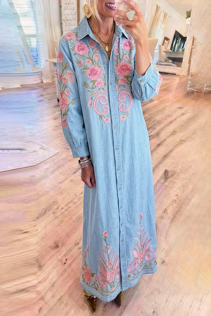 Light Blue Denim Embroidered Maxi Shirt Dress