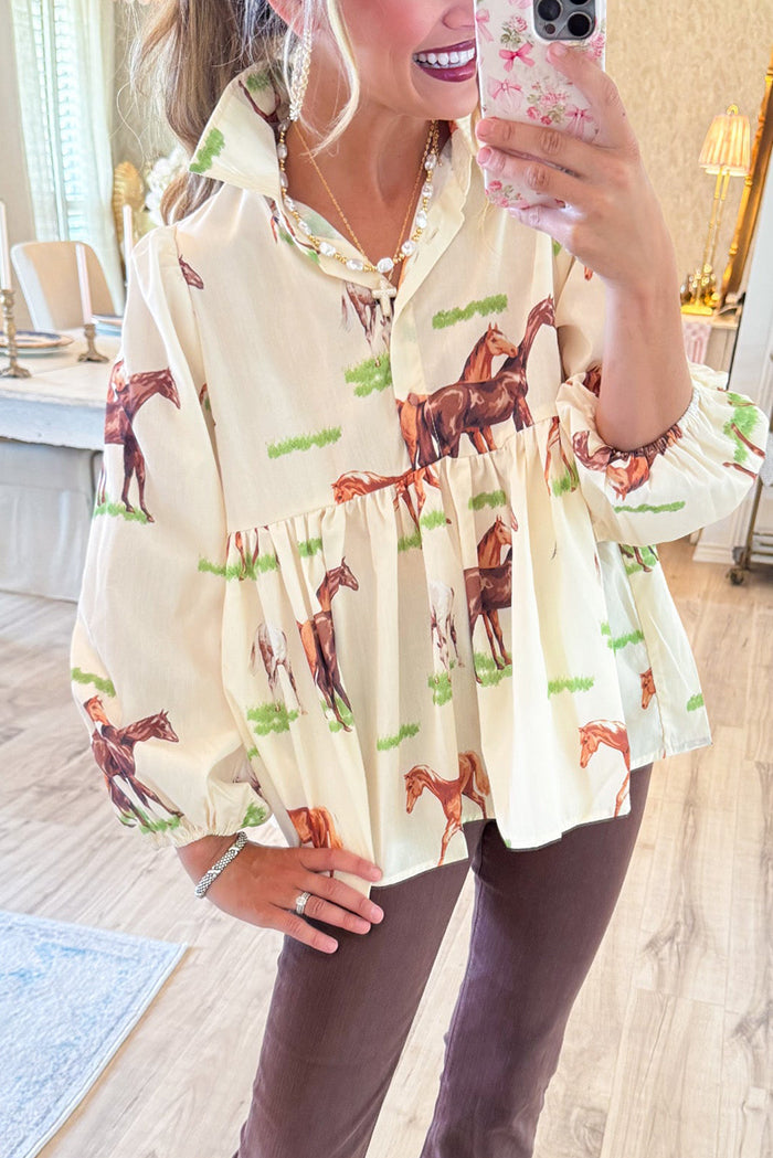 Casual Beige Horse Blouse