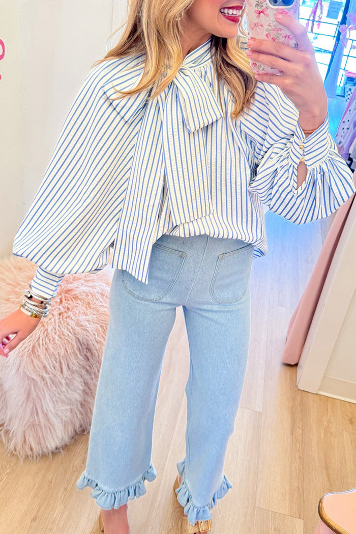 Blue Stripe Bow Long Sleeves Top