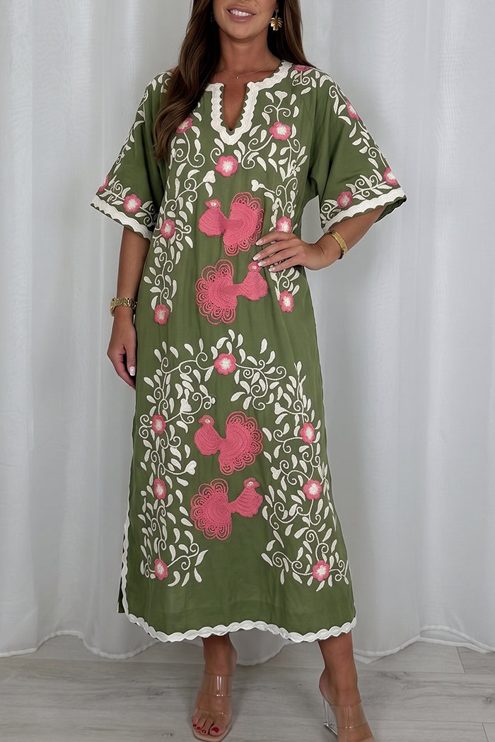 Olive Half Sleeve Floral Maxi Dress