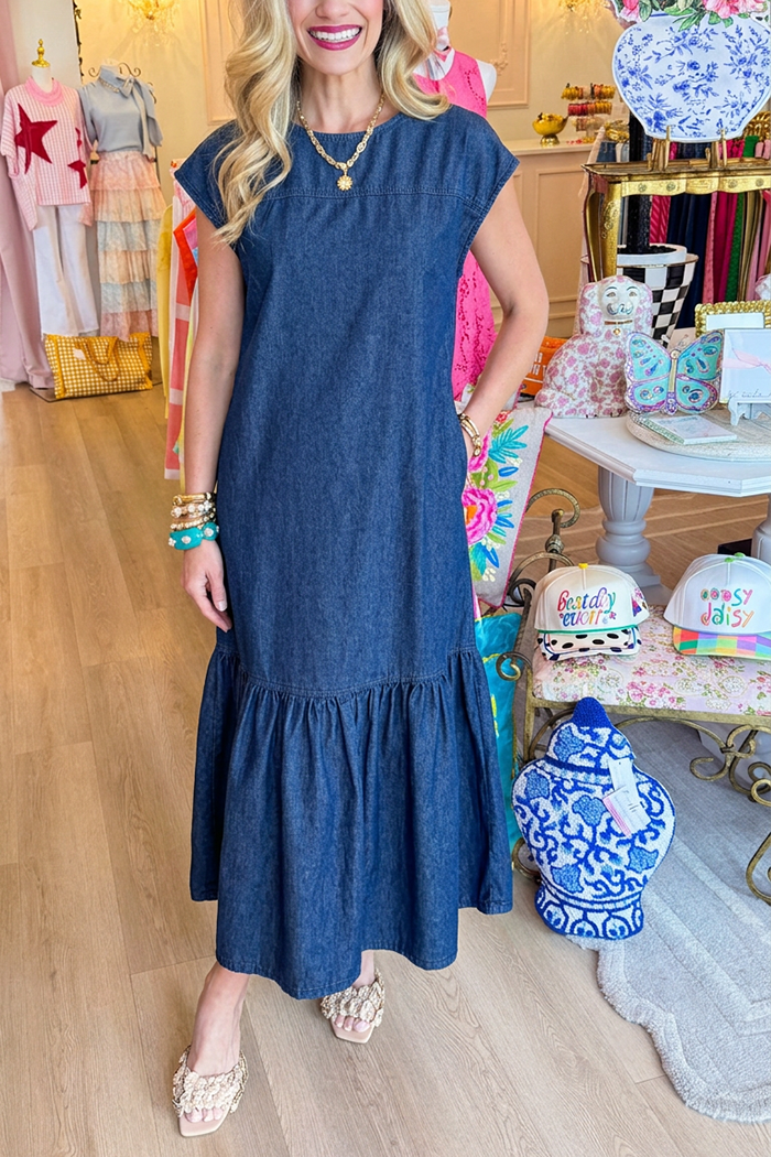 Ruffled Hem Cap Sleeve Denim Dress