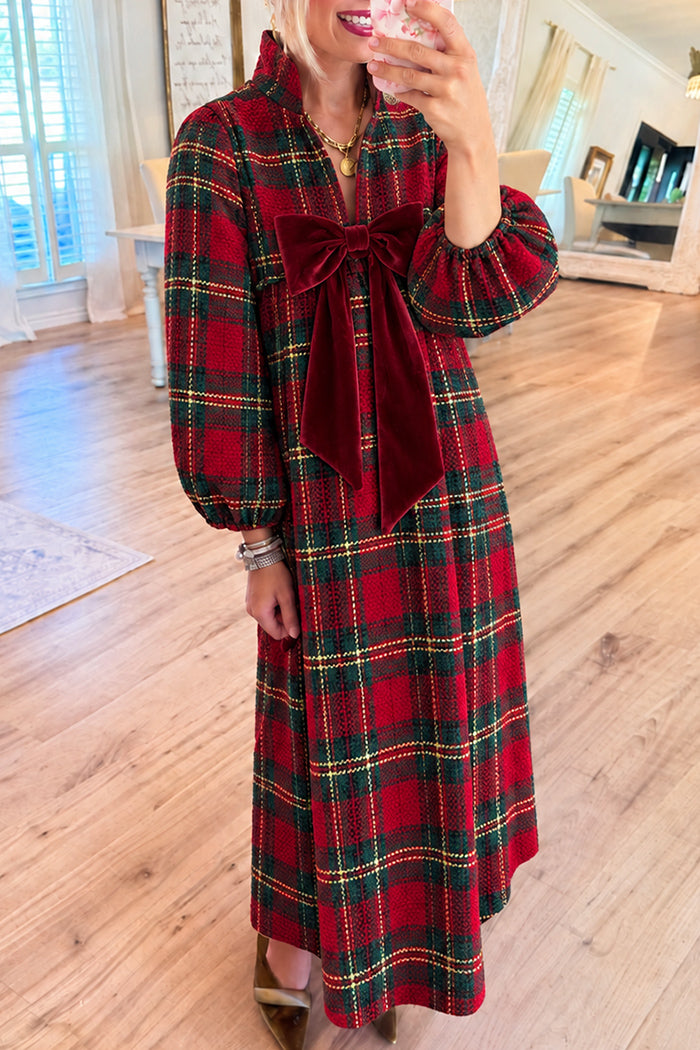 Red Plaid Knit Bow Maxi Dress
