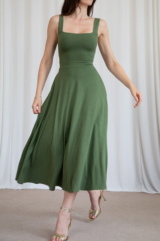 Square-Neck Tie-Waist Midi Dress
