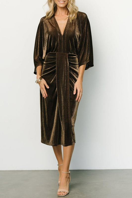V-Neck Ruched Midi Dress