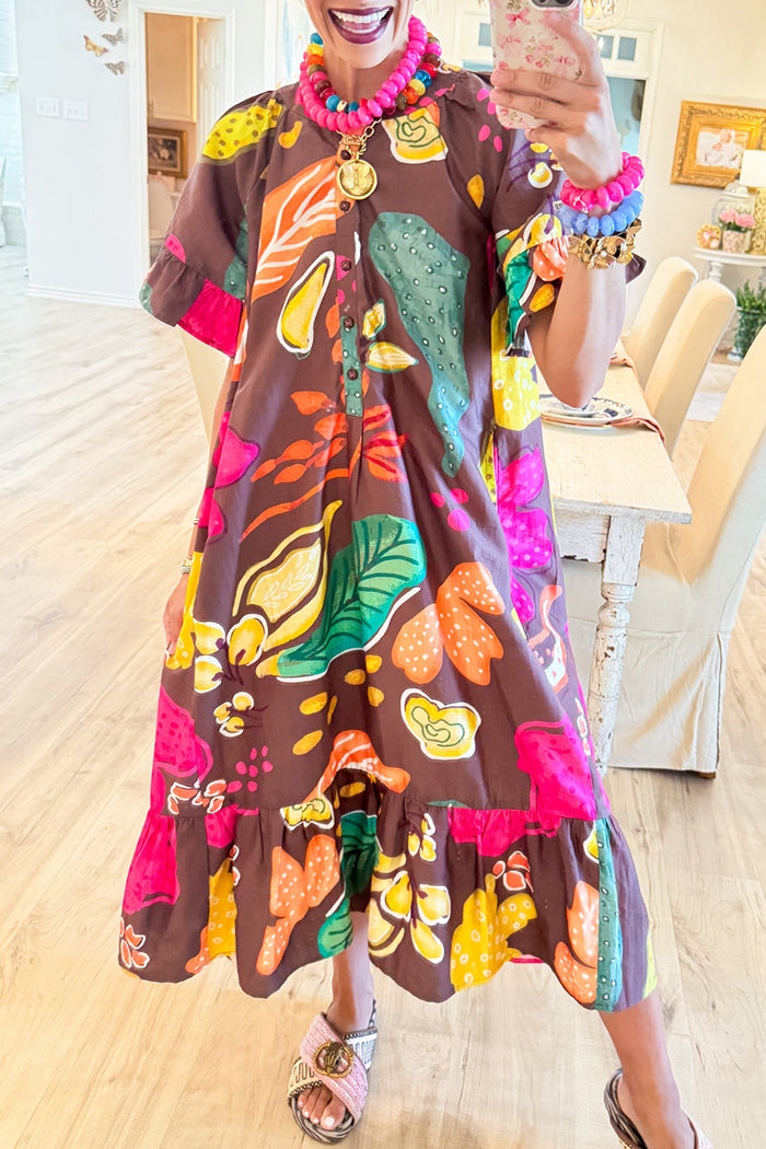 Casual Retro Floral Print Ruffled Dress