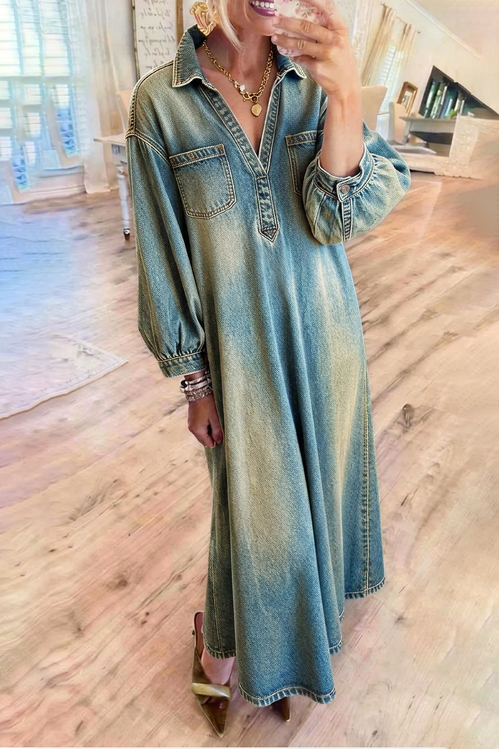 Vintage Light Wash Pockets Denim Maxi Dress