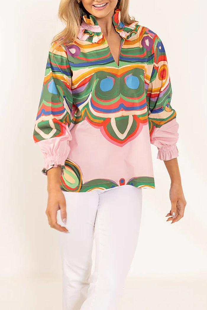 Casual Print Double Ruffle Collar Top