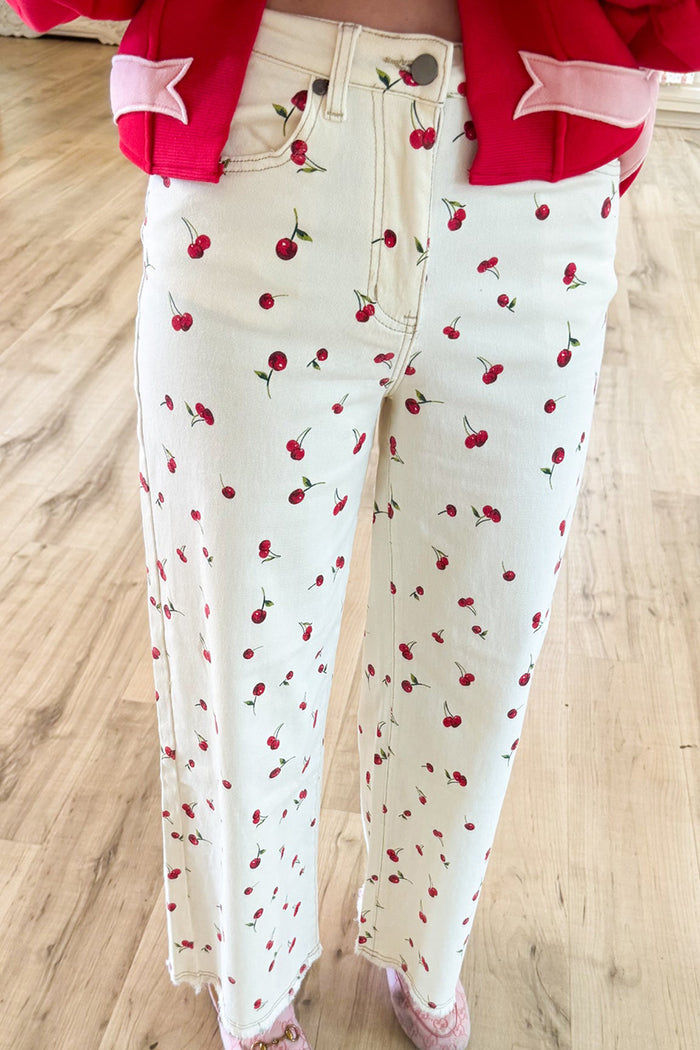 Cherry Printed Washed Twill Pants
