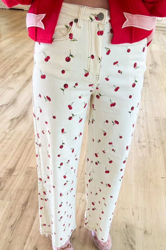 Cherry Printed Washed Twill Pants