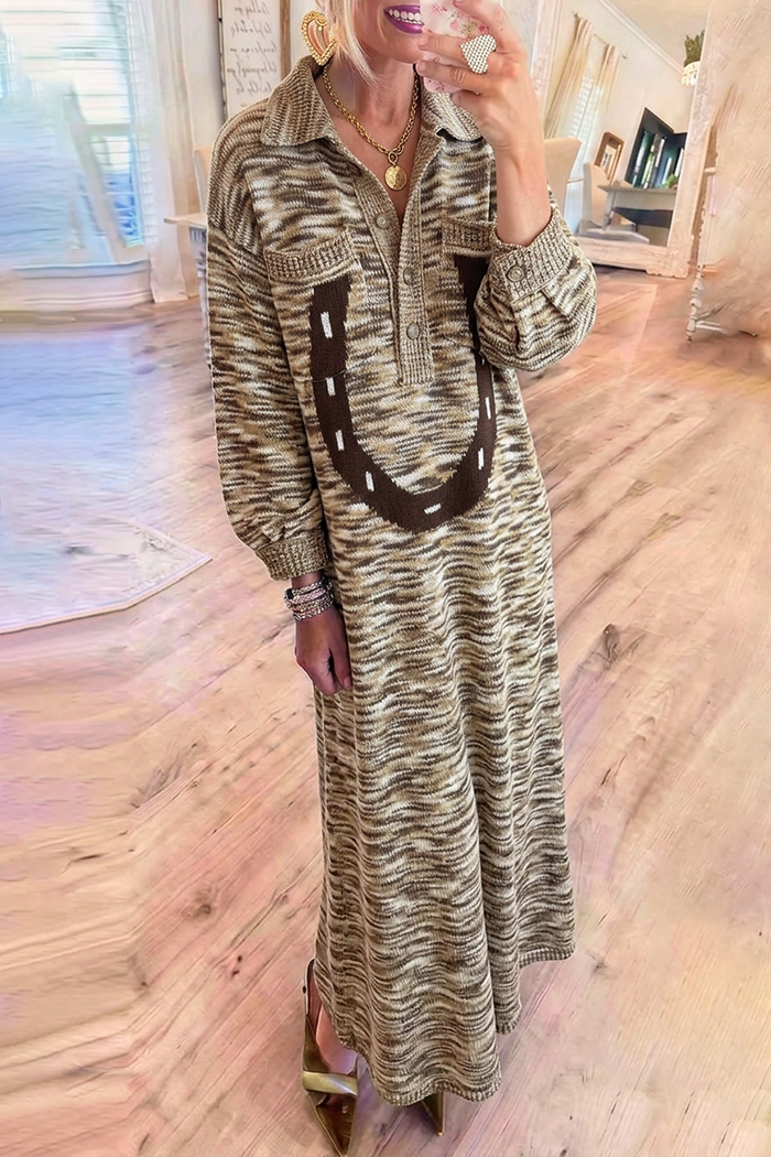 Collared Horseshoe Pattern Half Placket Chest Pockets Long Sleeve Knit Maxi Dress