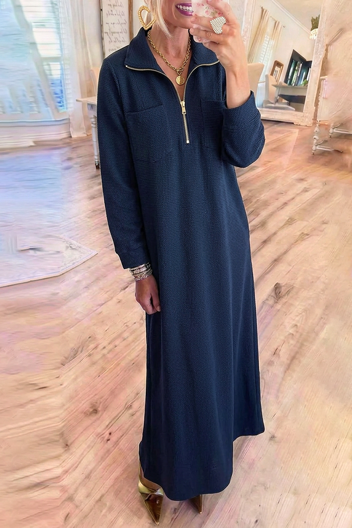 Navy Textured Half Zip Chest Pocket Maxi Dress