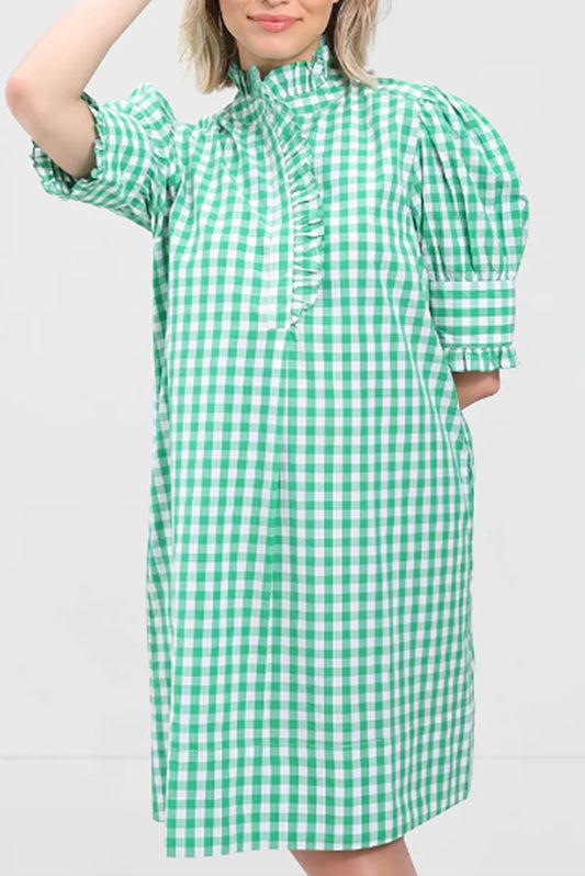 Puff Sleeve Ruffled Trim Gingham Dress