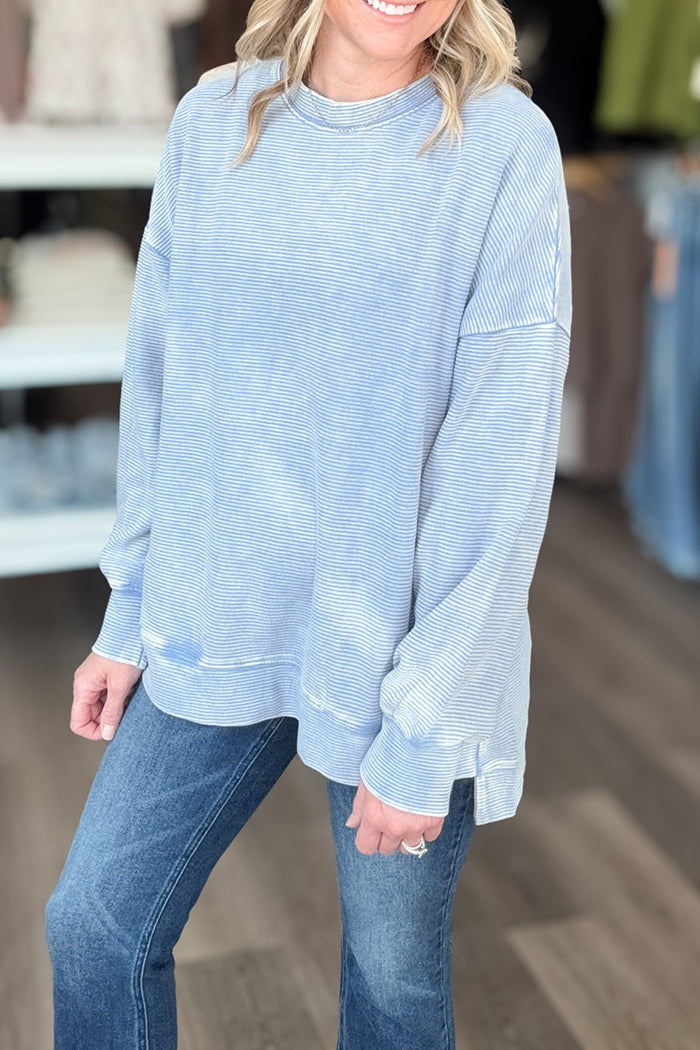 Casual Washed Ribbed Long Sleeved Hi Low Pullover Sweatshirt