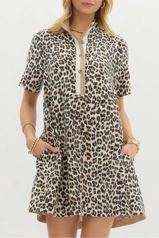 Leopard Print Henley Swing Pocket Dress