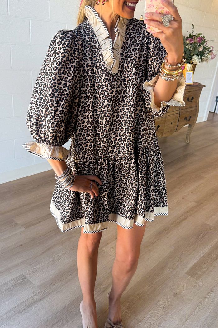 Leopard Ruffle Neck Pocket Dress