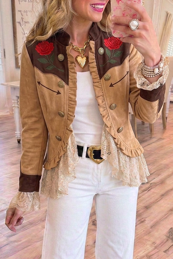 Camel Western Red Rose Embroidery Color Block Ruffle Jacket