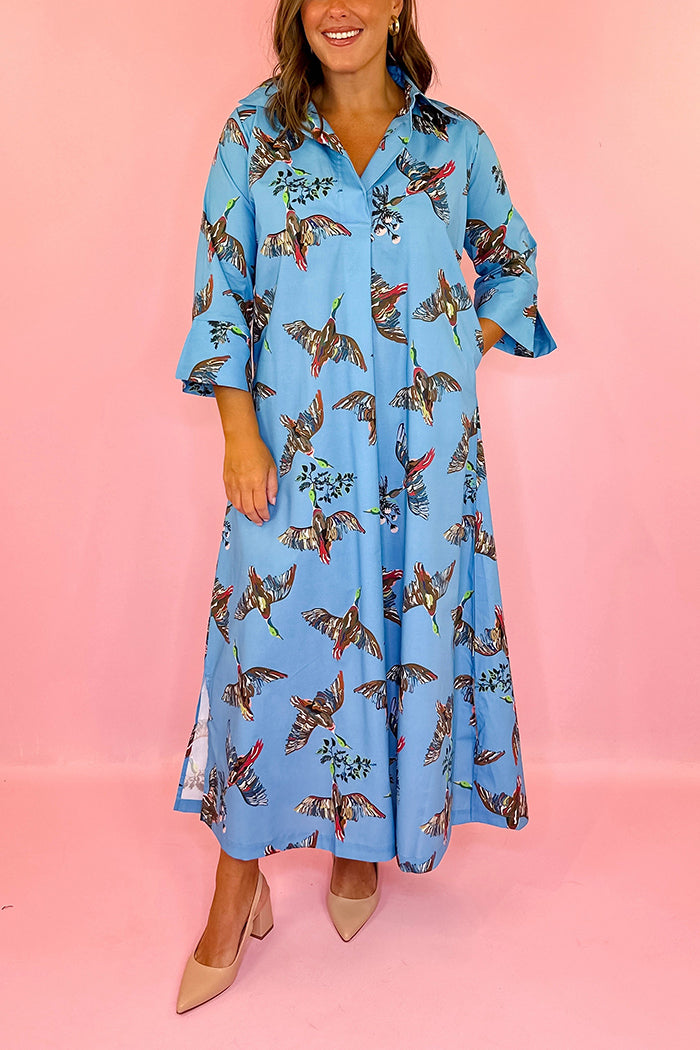 3/4 Sleeves Birds Print Pocket Dress