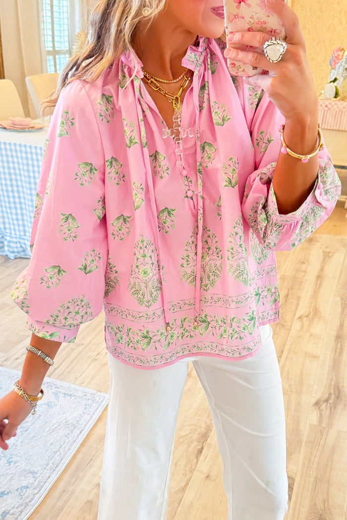 Botanical Print Balloon Sleeve Top
