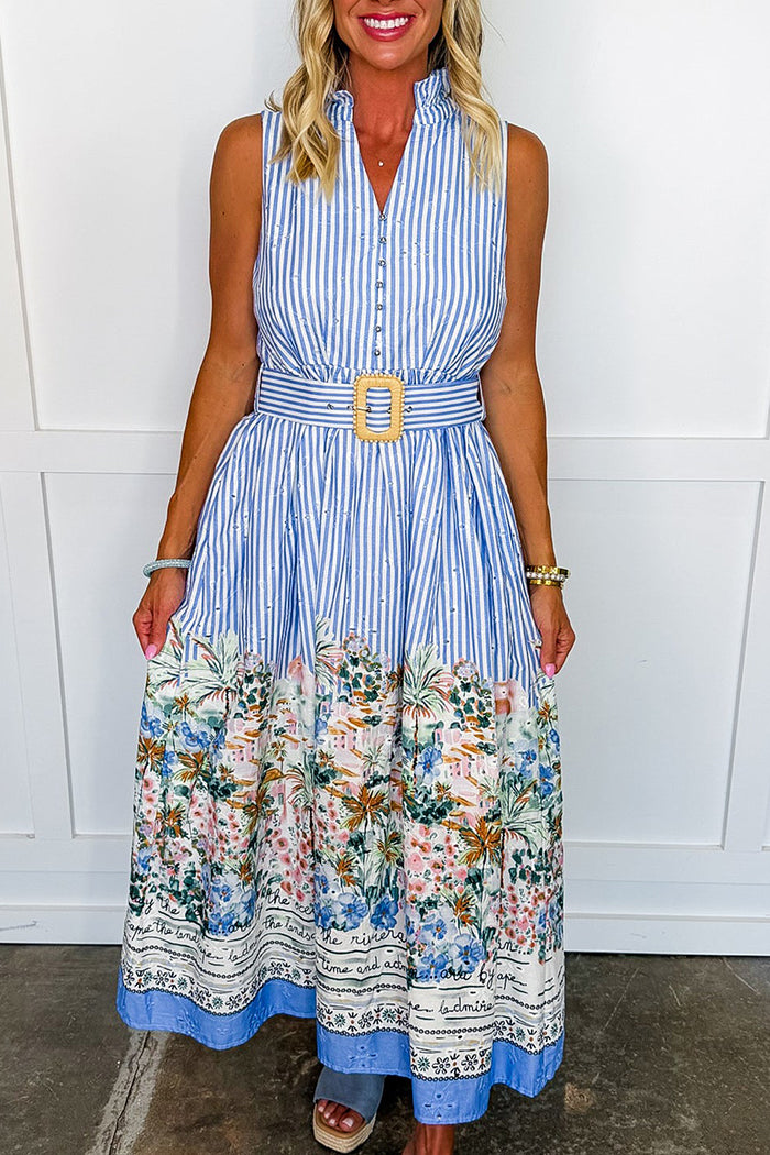 Striped Printed Collared Belted Sleeveless Midi Dress