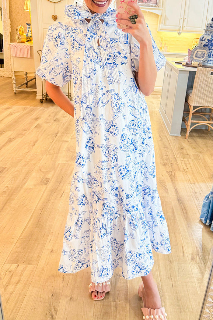 Short Puff Sleeve Printed Midi Dress