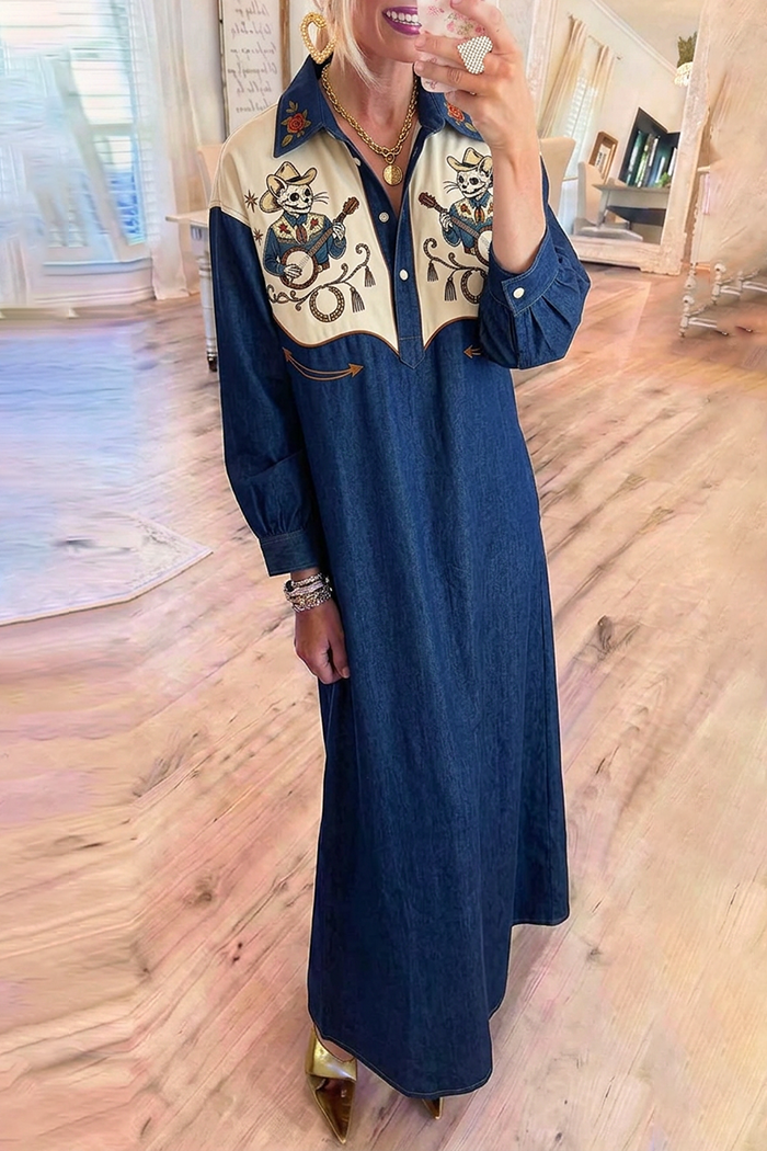 Dark Denim Color Block Western Cat Embroidery Maxi Dress