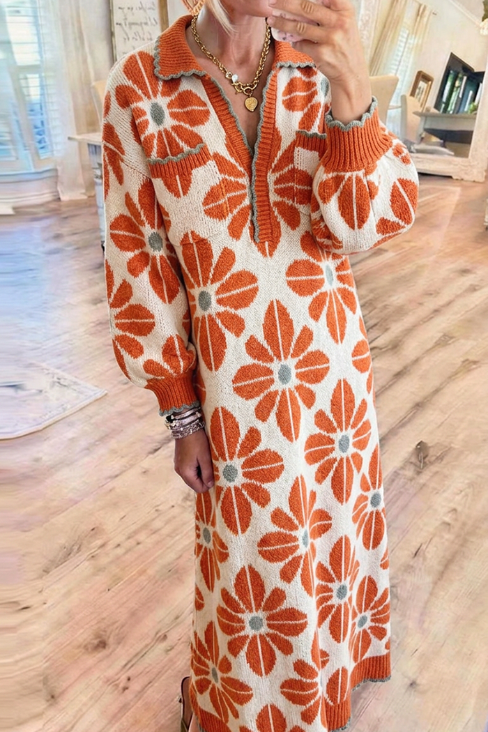 Retro Floral Knit Maxi Knit Dress