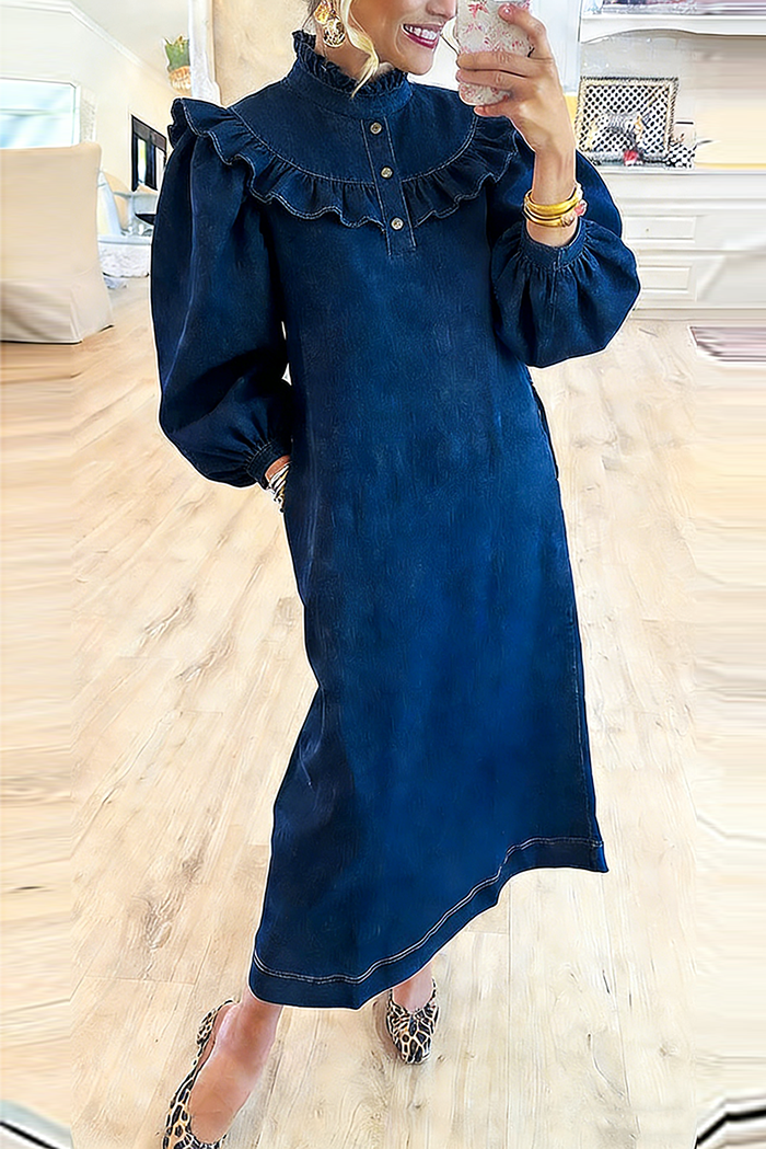 Ruffled Collar Puff Sleeve Pocket Denim Maxi Dress