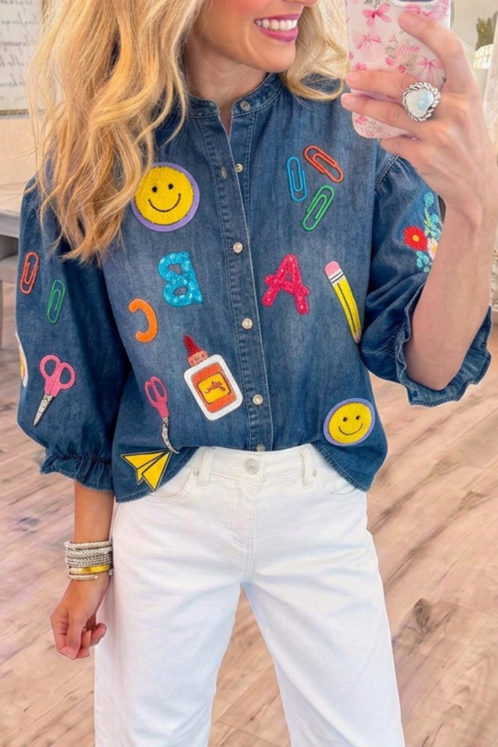 Denim Stand Collar Button Front 3/4 Ruffle Cuff Puff Sleeve Embroidered Top