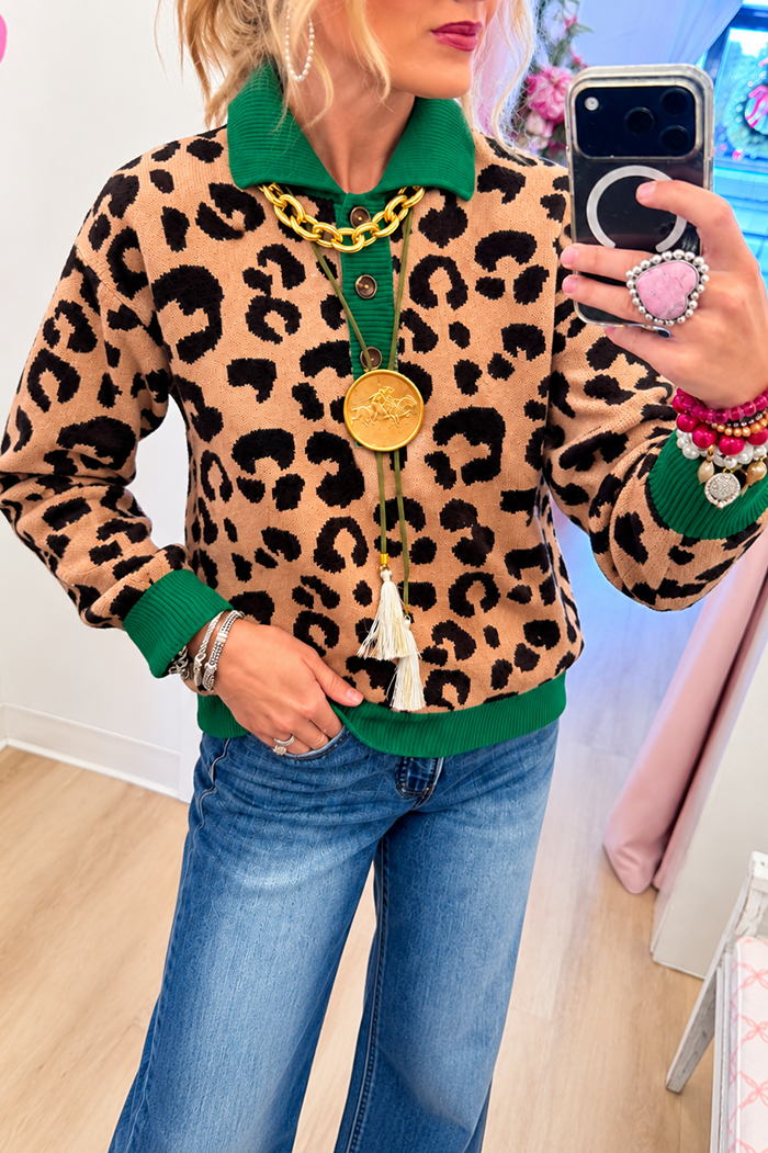 Leopard Color Block Collared Sweater