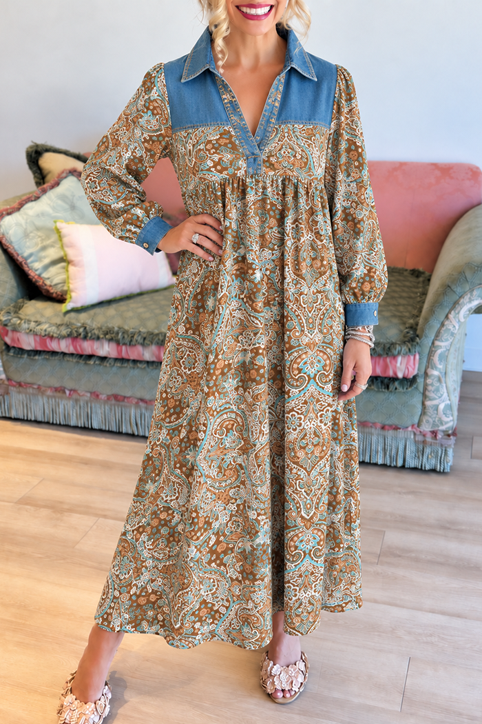Denim Yoke Paisley Maxi Dress