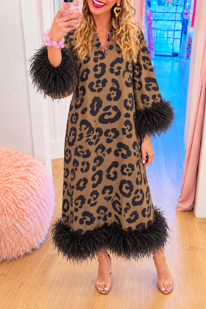Leopard Feather Trim Maxi Dress