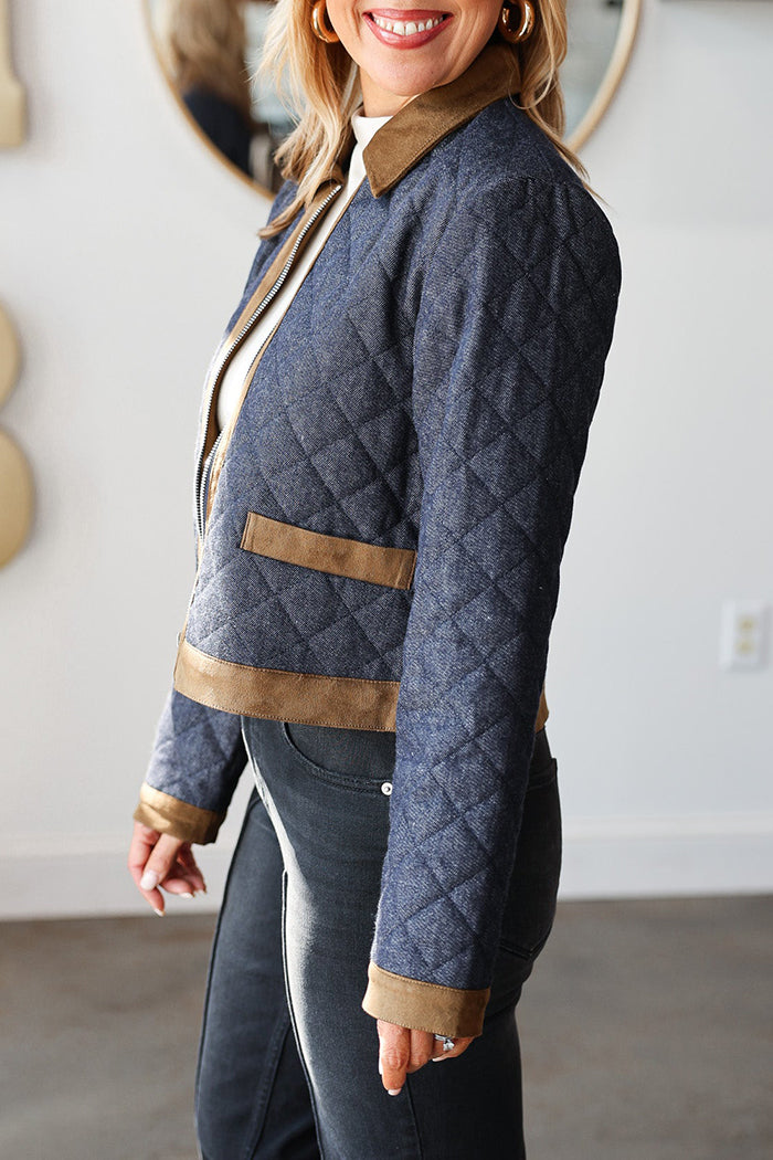 Pocketed Quilted Denim & Suede-Trimmed Jacket