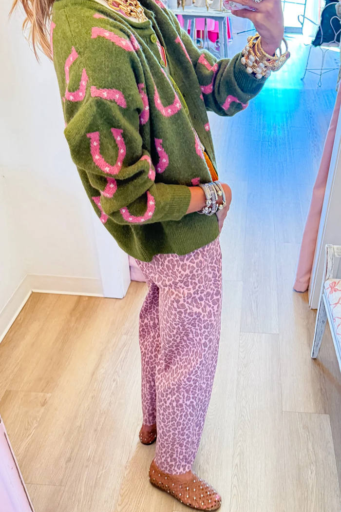 Casual Pink Leopard Print Pants