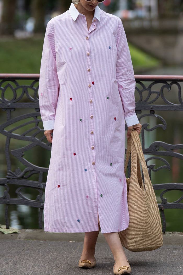 Pink Striped Detailed Collared Pocketed Shirt Dress