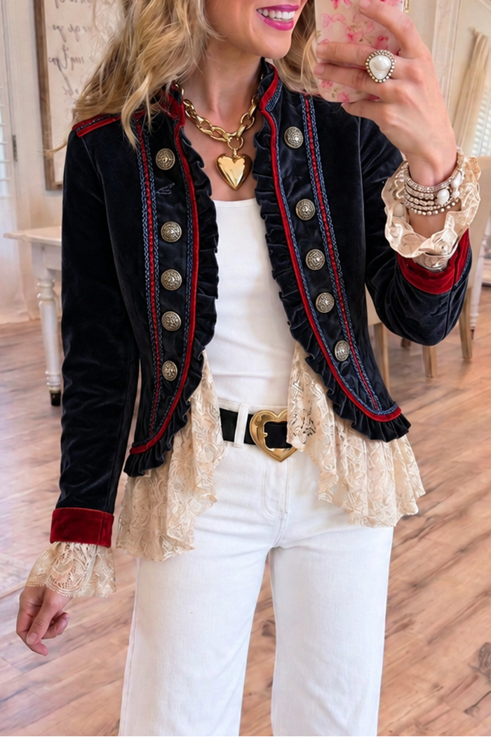 Velvet Red Trim Lace Hem Jacket