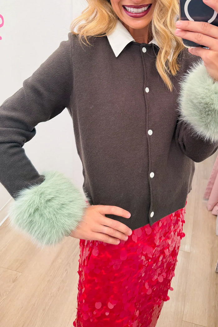 Dark Olive Feather Trim Cardigan