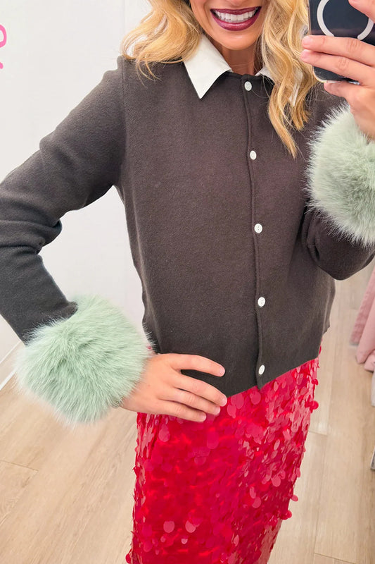 Dark Olive Feather Trim Cardigan