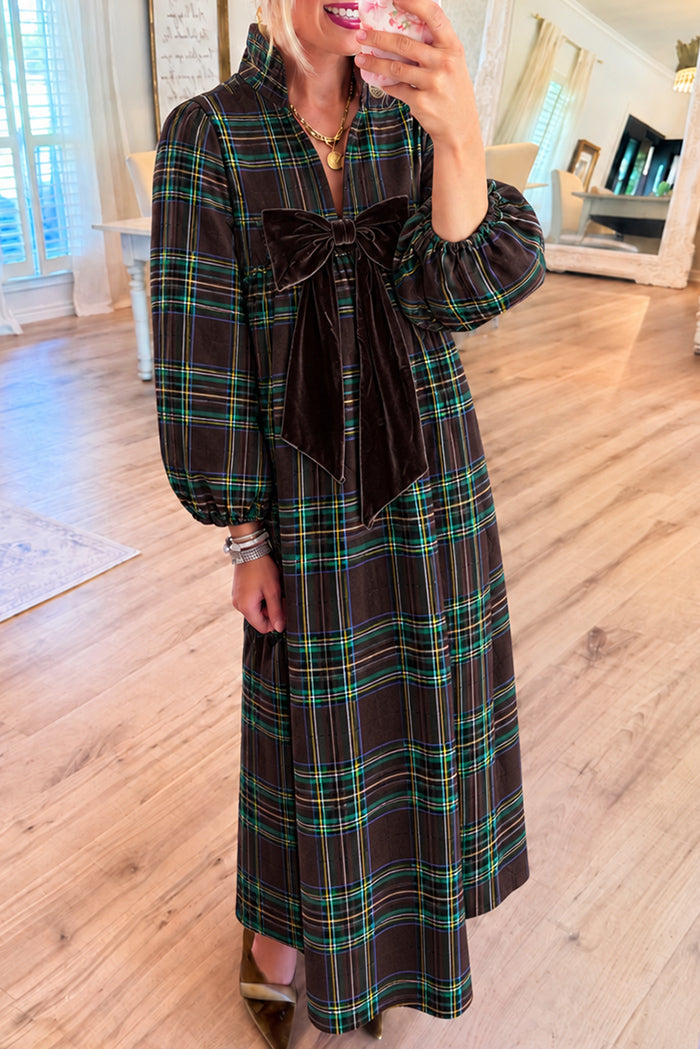 Brown Plaid Bubble Sleeve Bow Maxi Dress