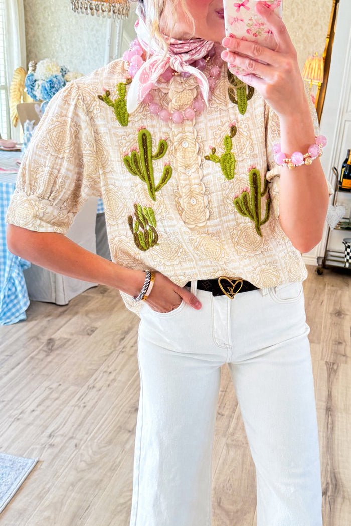 Casual Embroidered Cactus Top