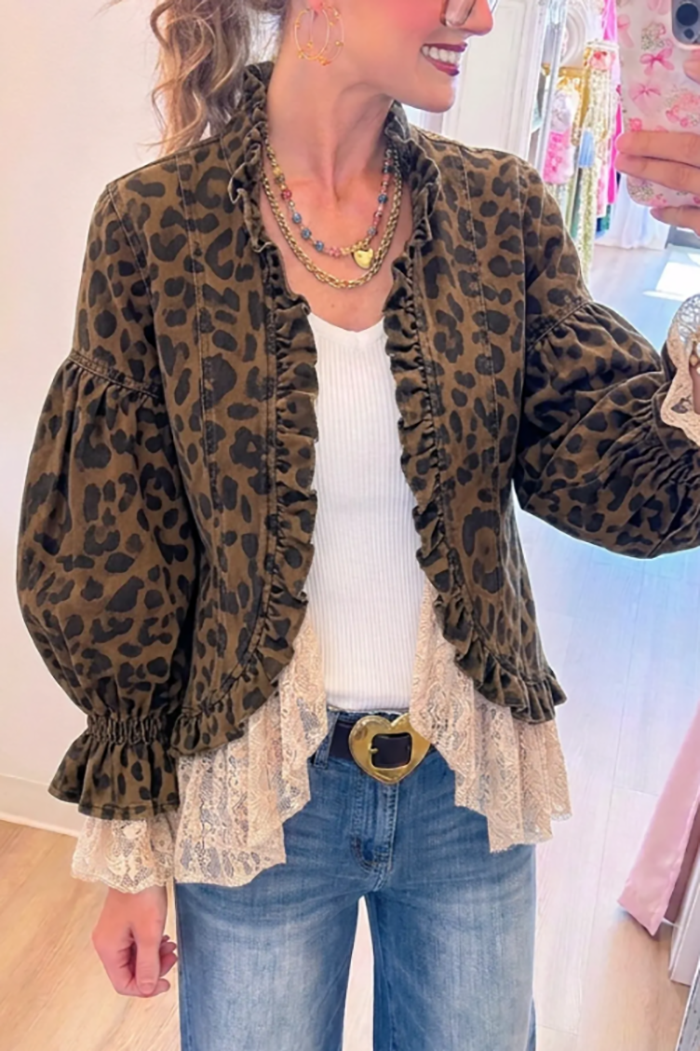 Casual Leopard Puff Sleeve Denim Jacket