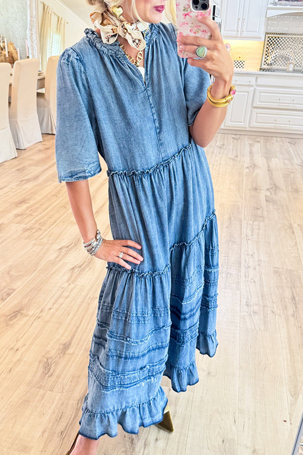 Washed Denim Tiered Maxi Dress