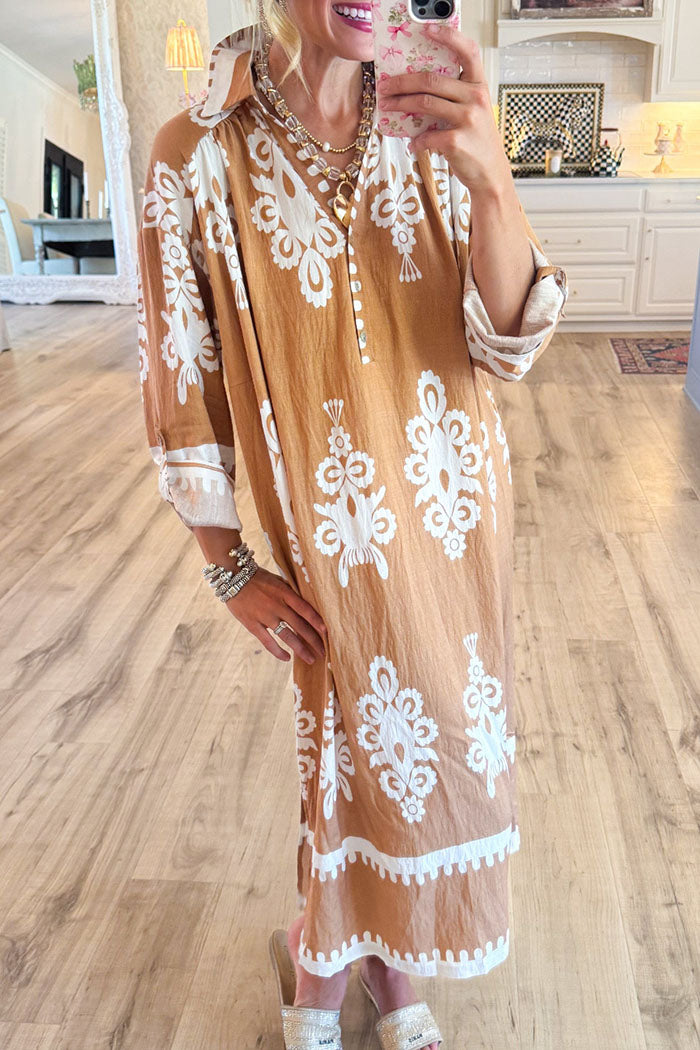 Abstract Print 3/4 Sleeves Midi Dress