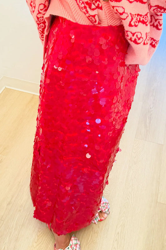 Red Paillette Sequin High Waist Maxi Skirt