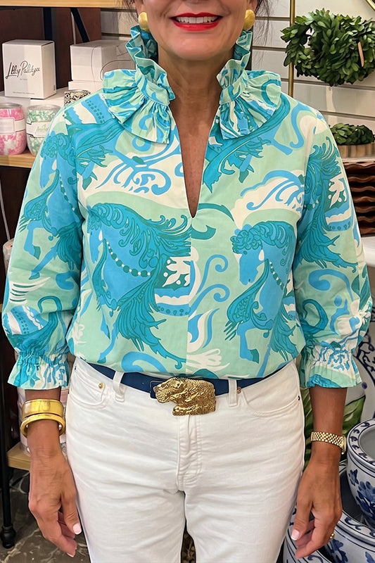 Ruffle Collar 3/4 Sleeve Printed Top